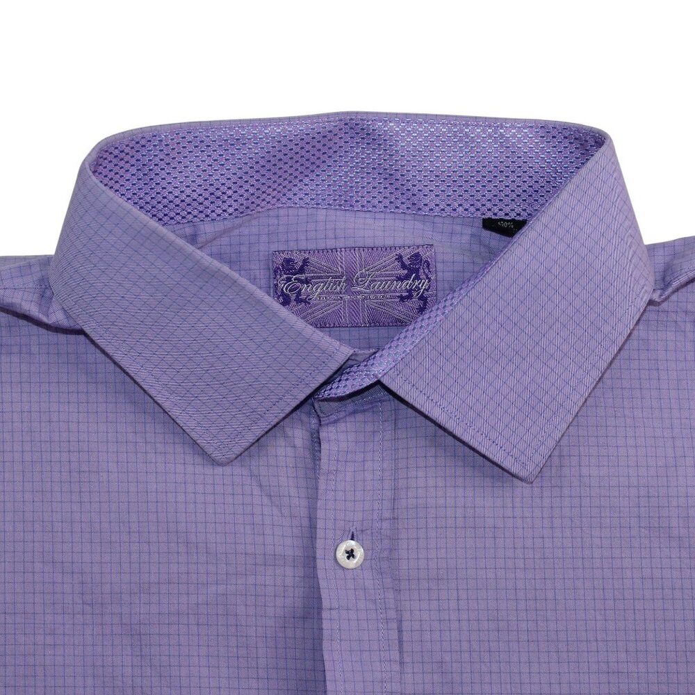 English Laundry Neck Sz 19 Flip Cuff Purple Gingham Check Dress Shirt Clubwear - Picture 8 of 15